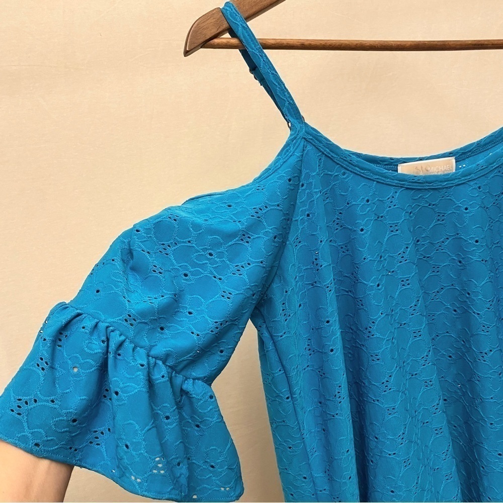 MICHAEL MICHAEL KORS Womens Blue Ruffled Elbow Sleeve Off Shoulder Top Sz Large - Picture 6 of 13